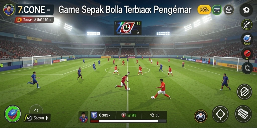 Screenshot gameplay 7CONE yang menunjukkan aksi sepak bola mendebarkan.