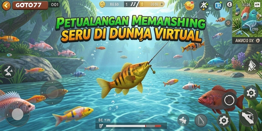 Tampilan gameplay GOTO77 yang menampilkan aksi memancing seru di laut.