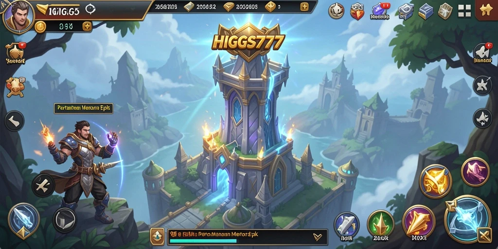 Screenshot HIGGS777 yang menampilkan menara dan musuh dalam pertahanan.