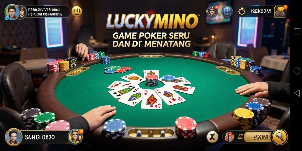 Screenshot gameplay LUCKYMINO menampilkan suasana meja poker yang seru.