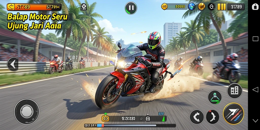 Screenshot gameplay menampilkan aksi balapan motor yang mendebarkan.