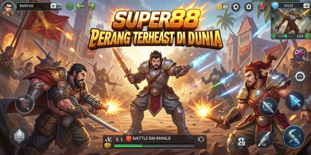 Screenshot utama SUPER88 menunjukkan aksi seru dalam pertempuran Battle Royale.