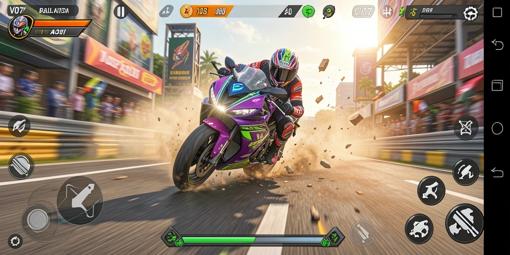 Tampilan gameplay balapan motor yang mendebarkan di V07.