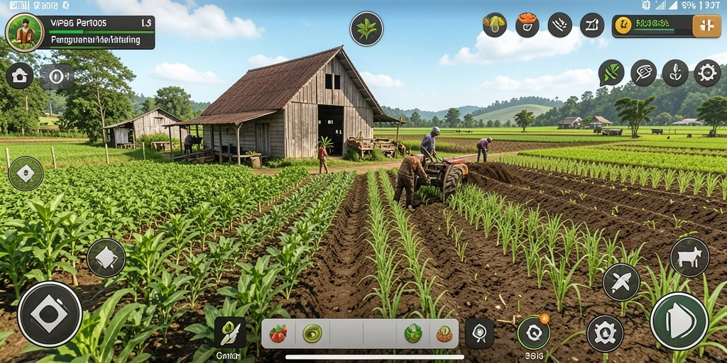 Tampilan screenshot utama menunjukkan gameplay seru dalam game Farming.