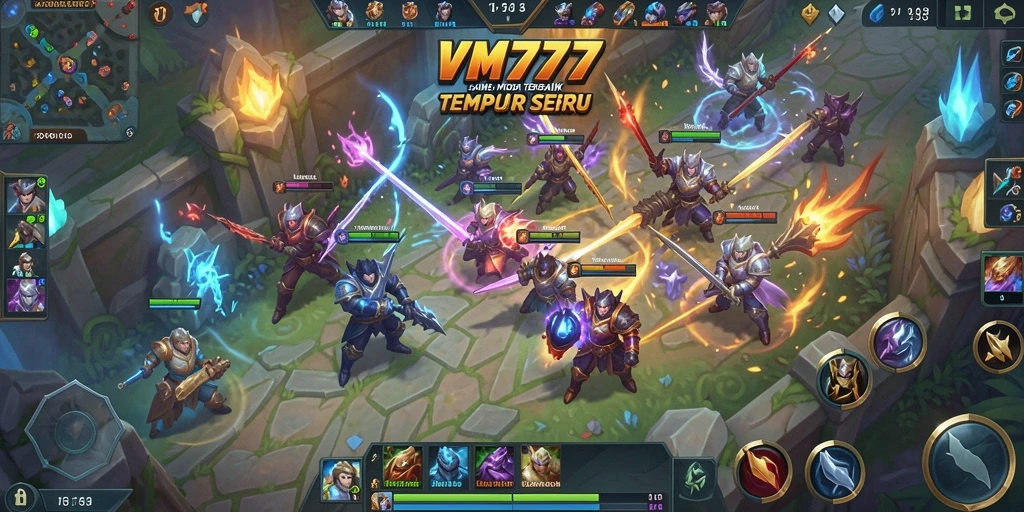 Tampilan gameplay seru dan dinamis dalam <strong>VM777</strong>, aksi MOBA yang mendebarkan.